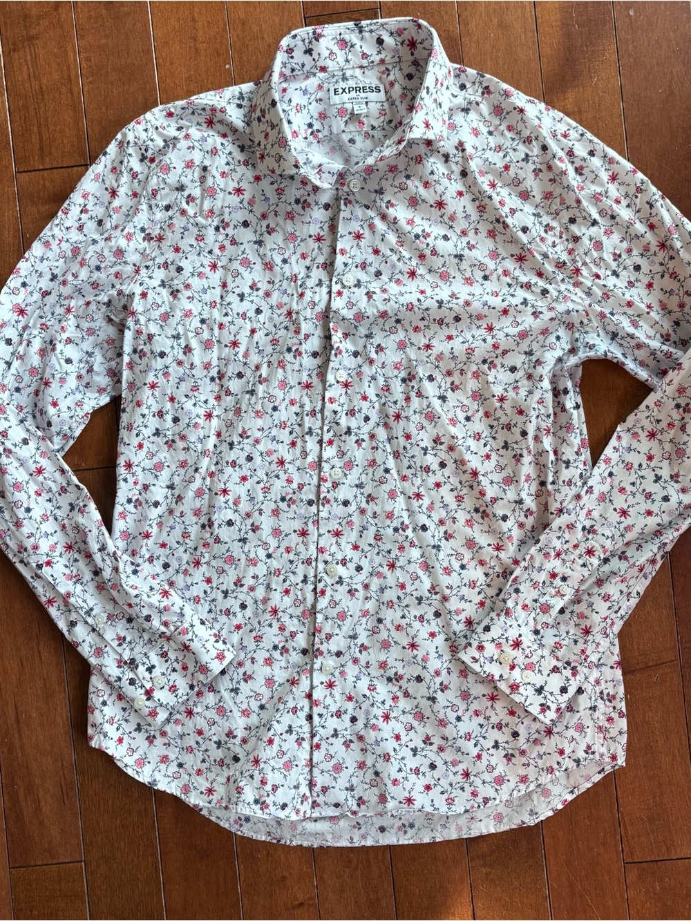 Express White Button-Down Shirt with Red & Black Floral Print